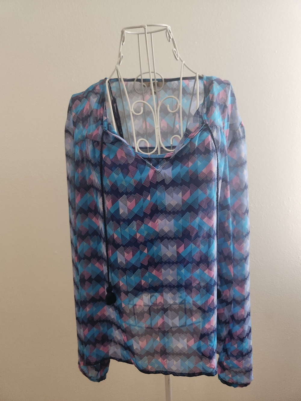 Decree Y2K Boho Sheer Geometric Peasant Blouse & Cami Set Size L